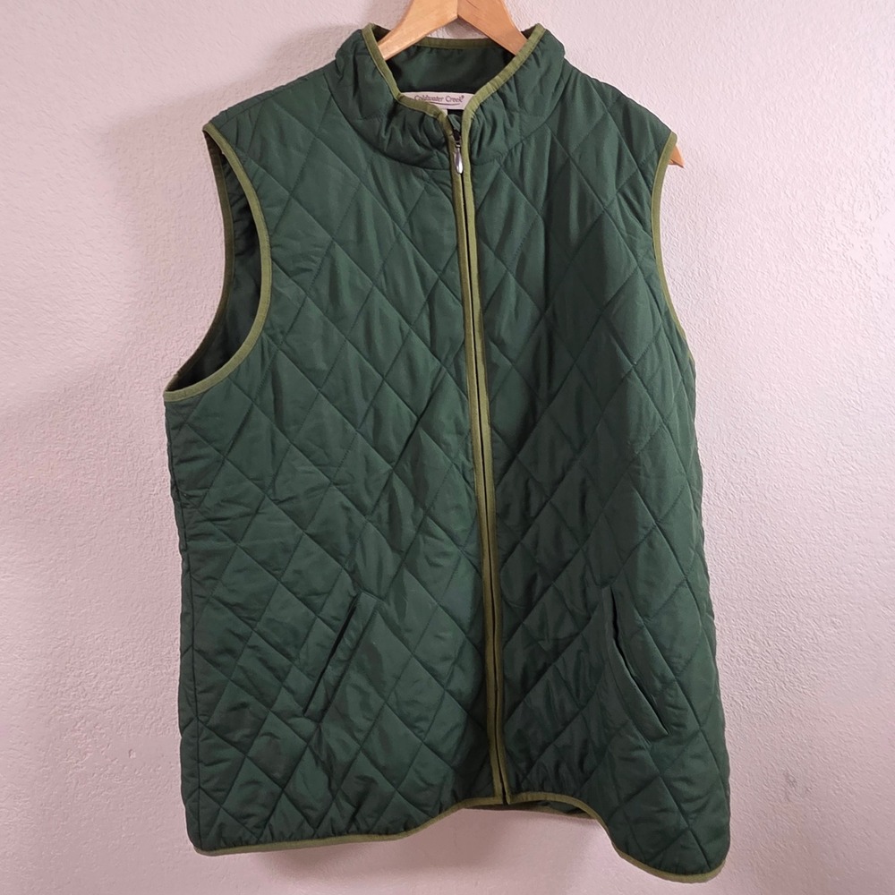 Coldwater Creek Womens XL Green Quilted Full Zip Mock Neck Vest Elastic Back